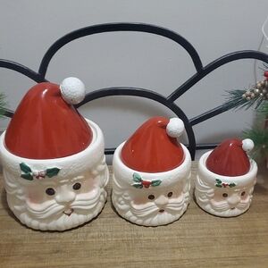 Vintage 3pc Santa Claus Head Ceramic Canister Set Christmas Decor - Brazil 1988